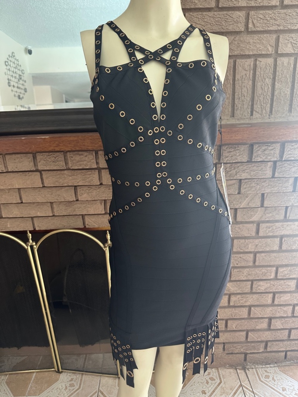 Gold Label wow couture bandage Black Grommet-Trim Strappy Bodycon Mini Dress